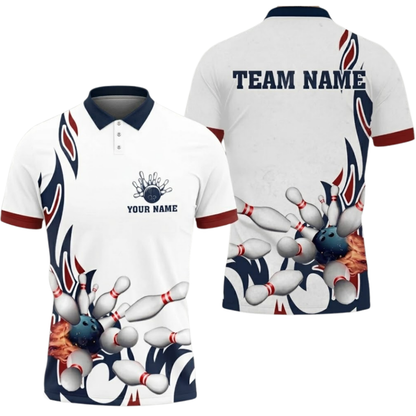 Custom Flame Cyan White Bowling Polo Shirt Men, Custom Team Bowling Shirts BZ0652