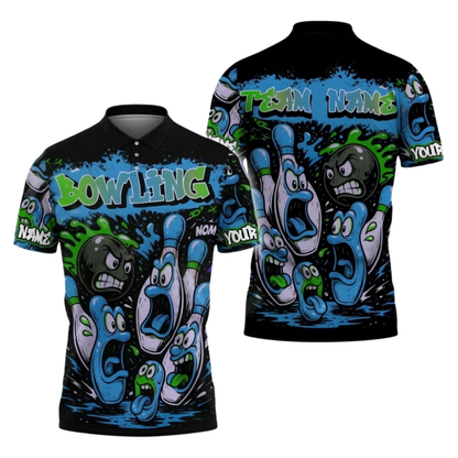 Custom Ball And Pins Funny Bowling Polo Shirt For Men, Black And Pink, Custom Team Funny Bowling Shirts BZ1110