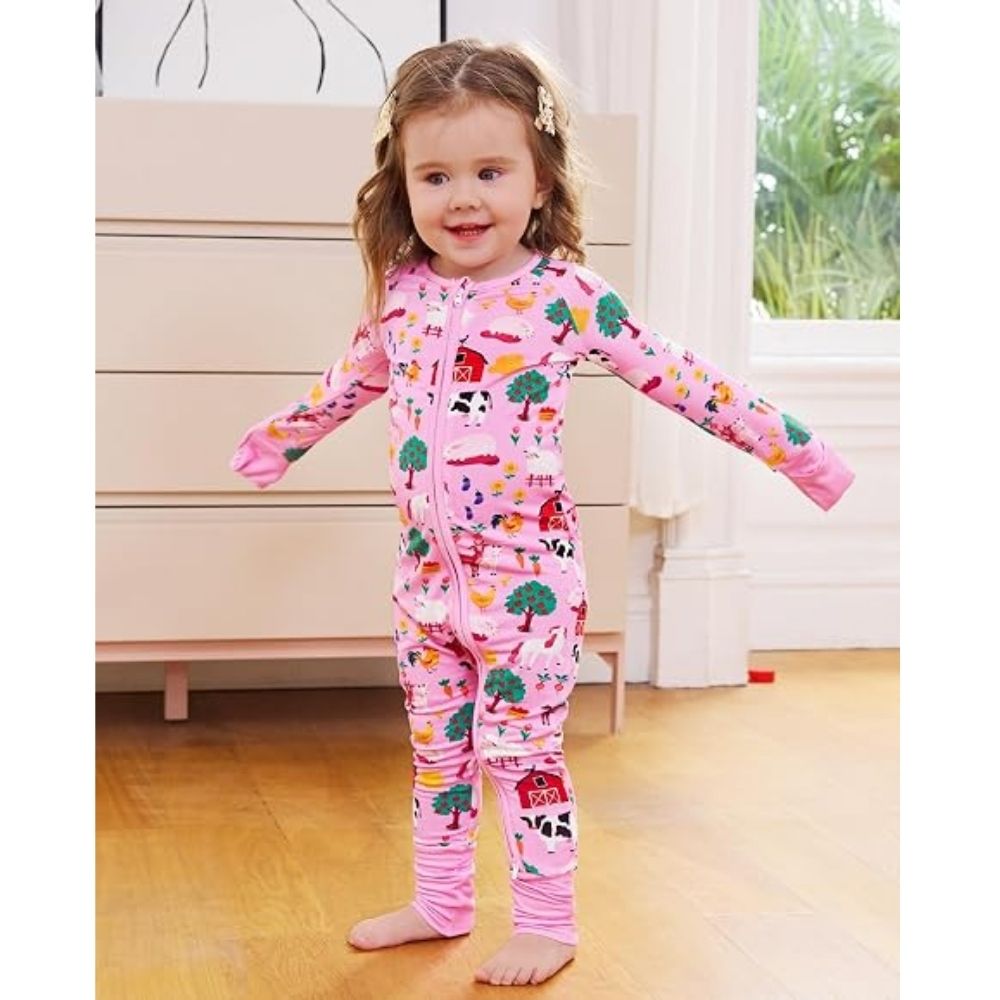 Farm Animal Pink Baby Convertible Zippy Romper, Farm Lover Convertible Romper For Baby BB0358