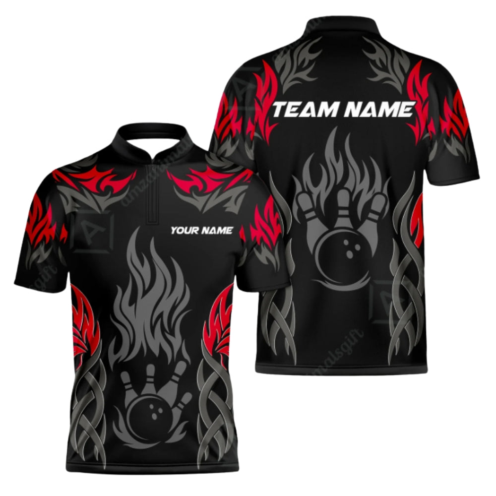 Custom Flame Tribal Bowling Men Jersey Black Red, Custom Team Flame Bowling Shirts BZ0394