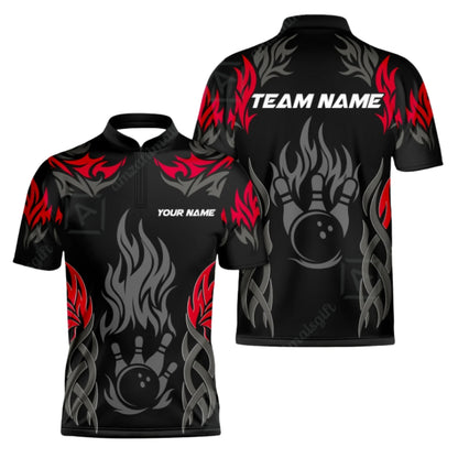 Custom Flame Tribal Bowling Men Jersey Black Red, Custom Team Flame Bowling Shirts BZ0394