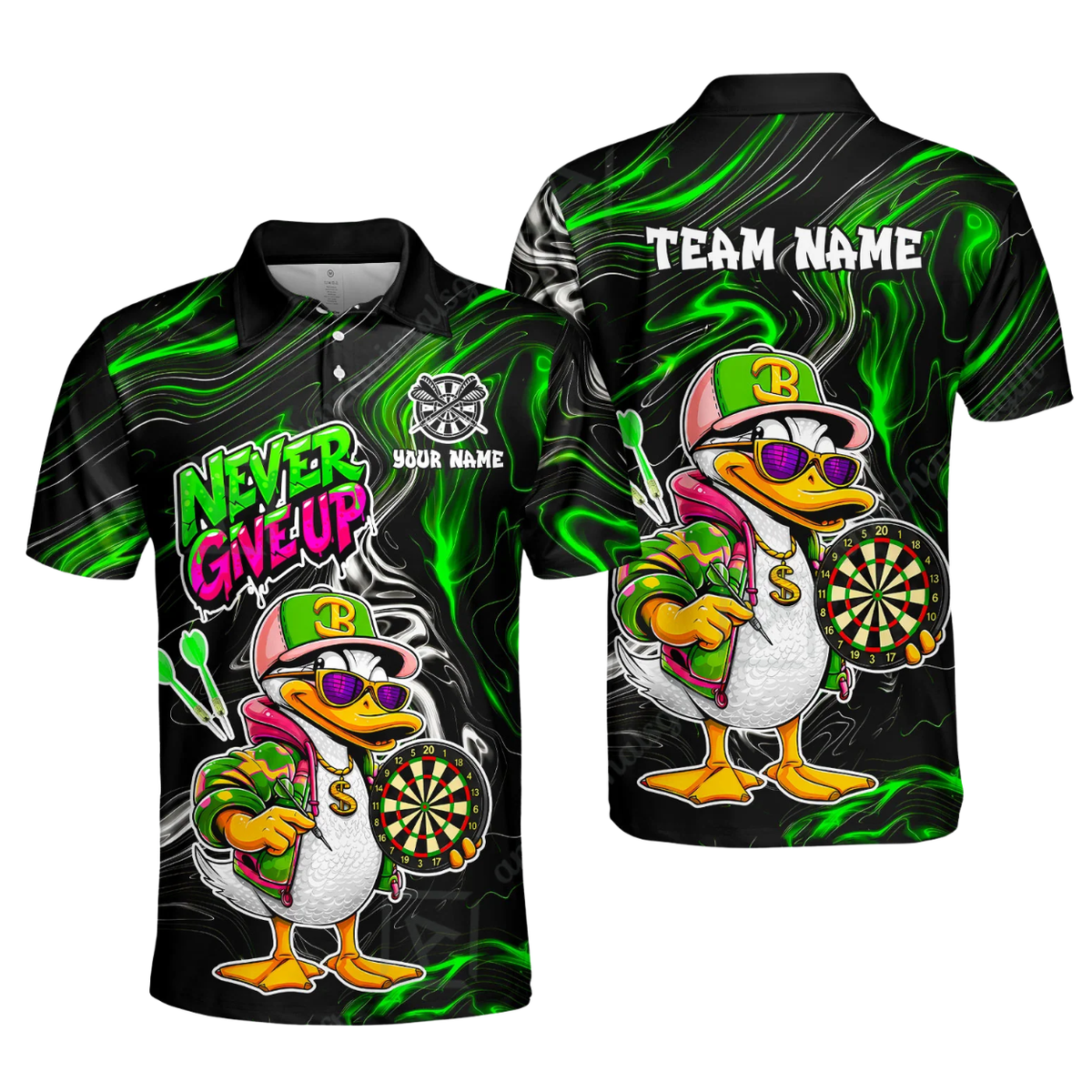 Never Give Up Custom Funny Duck Dart Polo Shirt Mens, Custom Duck Darts Team Shirt DZ0184