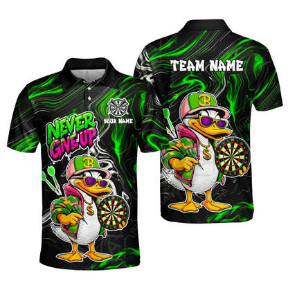 Never Give Up Custom Funny Duck Dart Polo Shirt Mens, Custom Duck Darts Team Shirt DZ0184