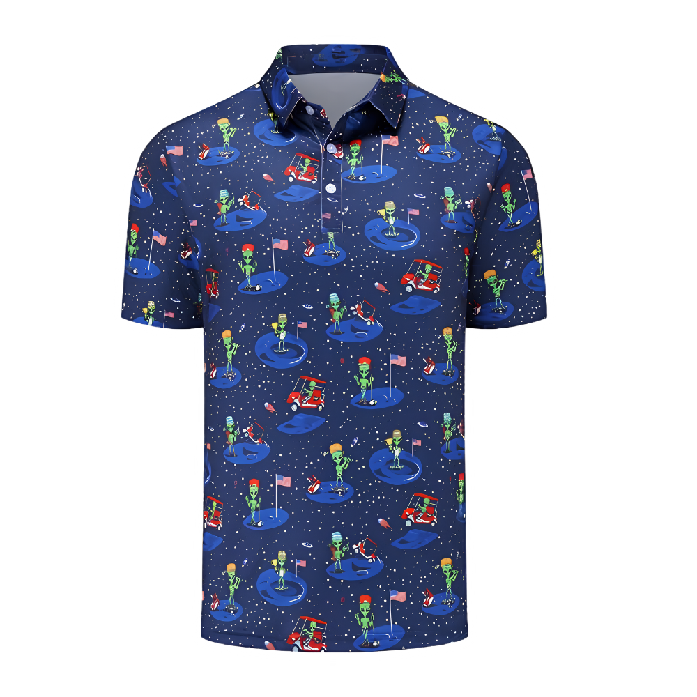Funny Alien American Flag Mens Navy Golf Polo Shirts, Space Alien Golf Shirts GZ0416