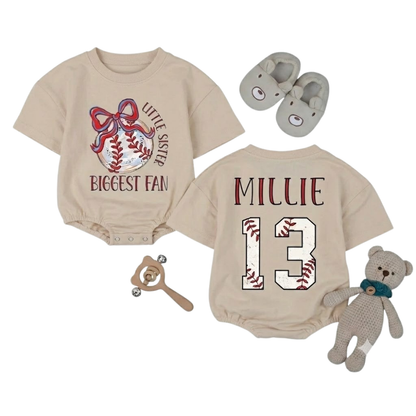 Little Sister Biggest Fan Custom Baseball Baby T Shirt Romper, Custom Baseball Baby Girl Romper BB0273