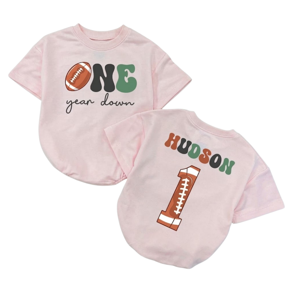 Custom One Year Down Football Baby Tshirt Romper, Custom First Birthday Baby Romper BB0035