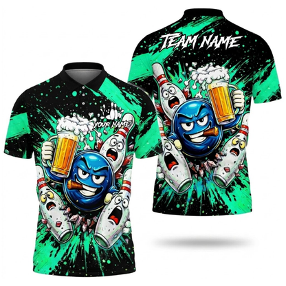 Custom Beer Funny Ball And Pins Bowling Polo Shirt For Men, Custom Beer Bowling Team Shirts BZ0511