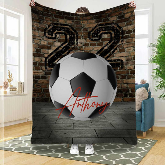 Personalized Soccer Blanket, Custom Name Soccer Fleece and Sherpa Blanket, Gift for Son, Dad, Soccer Players BD0015