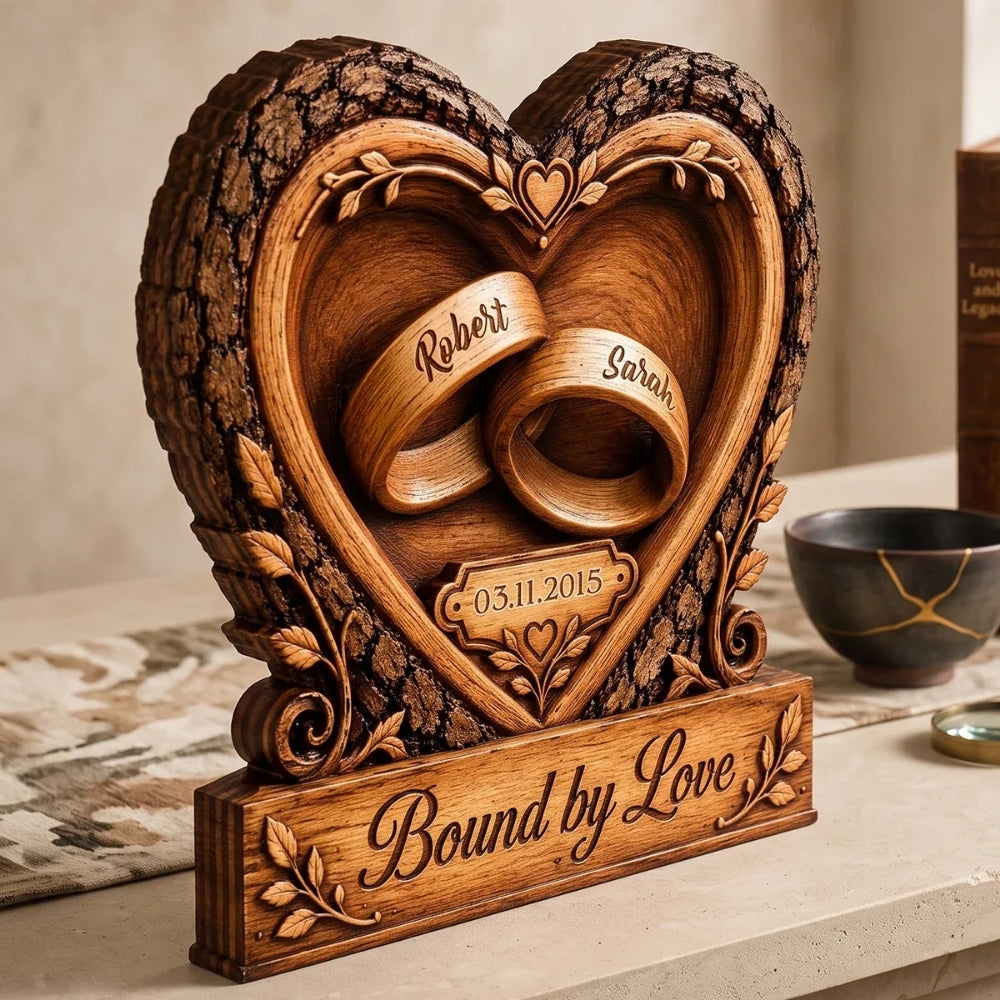 Bound By Love Custom Rings Heart Couple Wooden Plaque, Custom Wedding Wooden Block WD0809