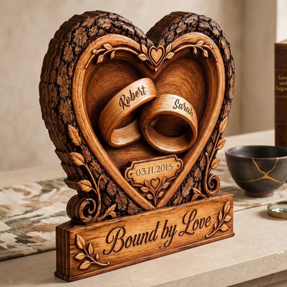Bound By Love Custom Rings Heart Couple Wooden Plaque, Custom Wedding Wooden Block WD0809