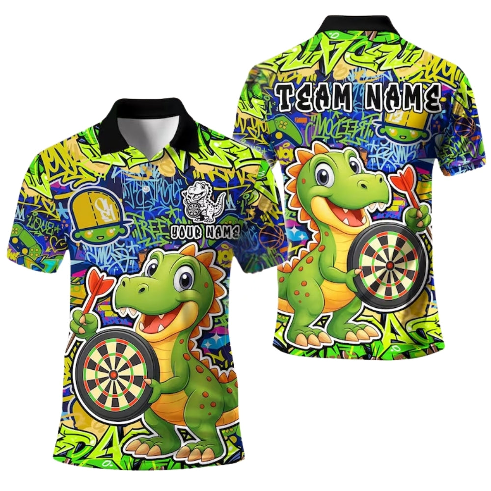 Custom Graffiti Funny Dinosaur Darts Polo Shirt Mens, Custom Dinosaur Darts Team Shirts DE0039