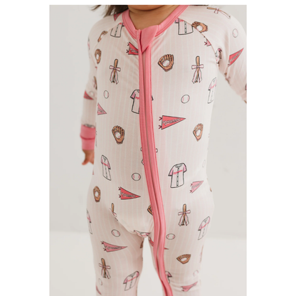 Baseball Pink Baby Girl Convertible Zippy Romper, Baby Baseball Romper Convertible BB0727
