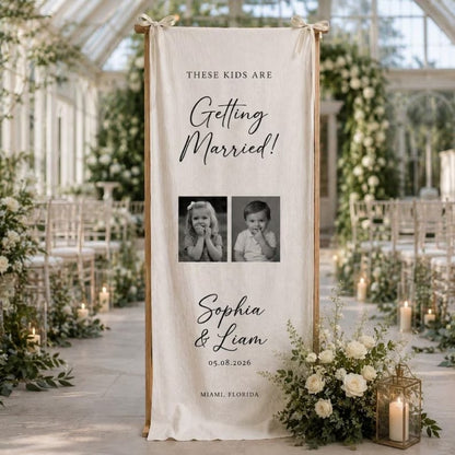 Custom Couple Photo Engagement Linen Welcome Banner, Custom Engaged Party Welcome Sign WD0963