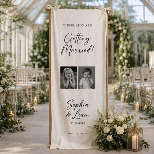 Custom Couple Photo Engagement Linen Welcome Banner, Custom Engaged Party Welcome Sign WD0963