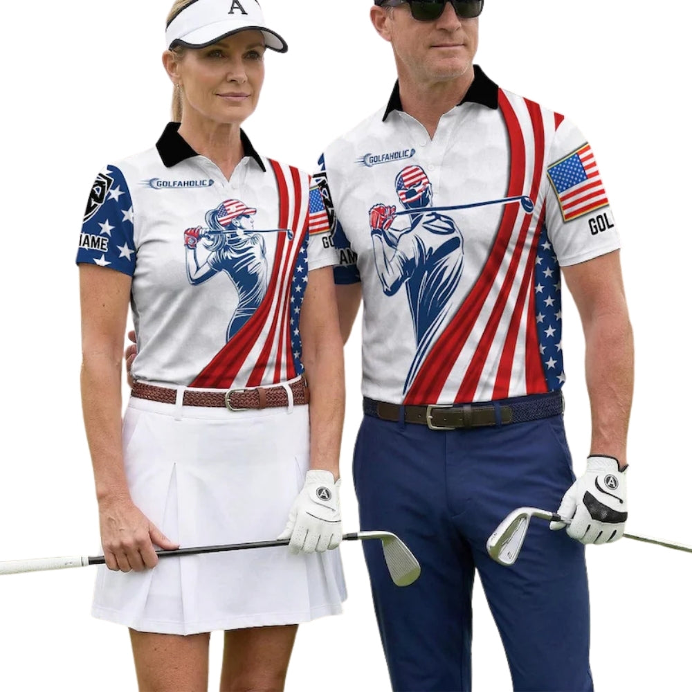 Custom American Flag  Matching Golf Polo Shirt For Men And Women, Custom Patriotic Couples Golf Shirts For 4th Of July GE0411