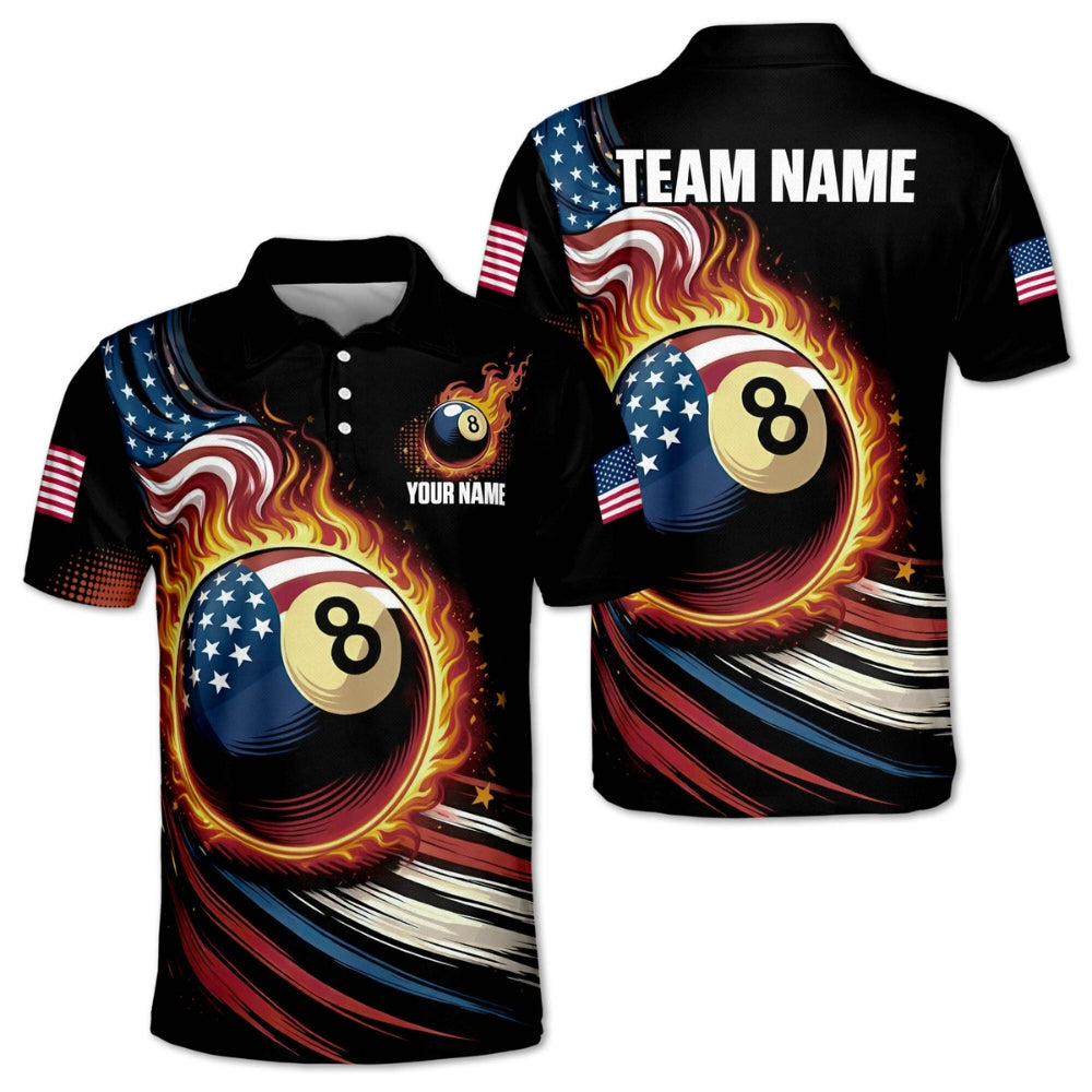 Custom American Flag 8 Ball Billiard Men Polo Shirts, Custom Patriotic Billiard Team Shirts BIZ0191