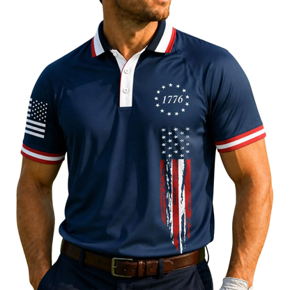 Navy American Flag 1776 Mens Golf Polo Shirt, 4th Of July Golf Shirts GE0542