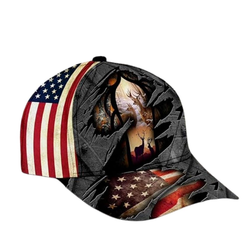 Buck And Doe US Flag Deer Hunting Baseball Cap, 3D Printed Deer Caps Hats For Hunter CP0234