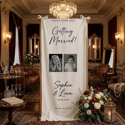 Custom Couple Photo Engagement Linen Welcome Banner, Custom Engaged Party Welcome Sign WD0963