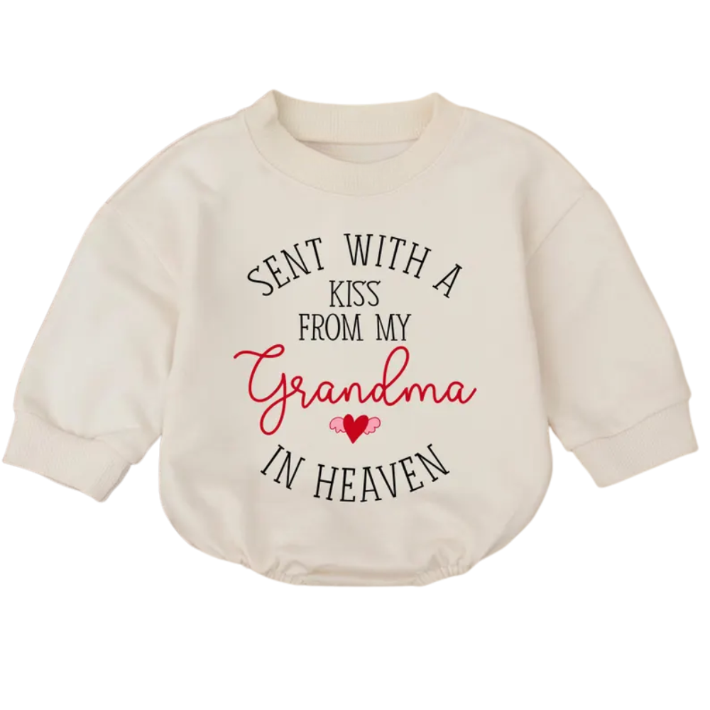 Sent With A Kiss From My Grandma In Heaven Baby Romper Sweatshirt, Memorial Grandma Baby Romper Sweater BB0560