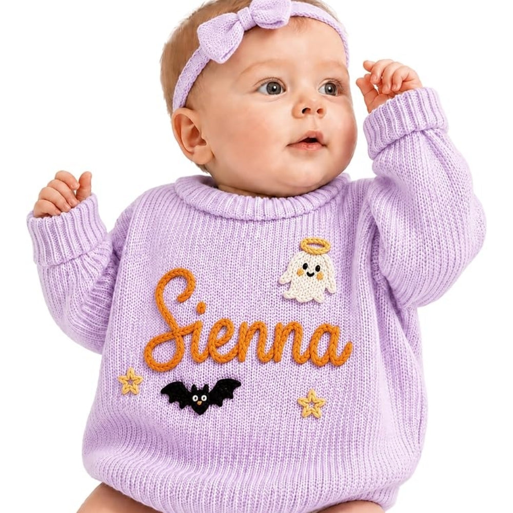 Personalized Halloween Baby Embroidered Knit Sweaterm, Custom Baby Halloween Sweatshirt BB0782