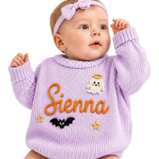 Personalized Halloween Baby Embroidered Knit Sweaterm, Custom Baby Halloween Sweatshirt BB0782