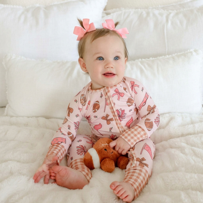 Football Pink Baby Convertible Romper Zipper, Football Convertible Romper For Baby Girl BB0728