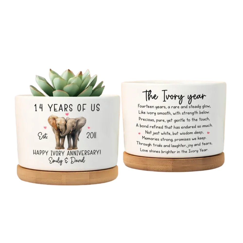 Custom 14 Years Of Us Ivory Wedding Anniversary Plant Pot, Custom 14th Wedding Anniversary Plant Pot WD0015