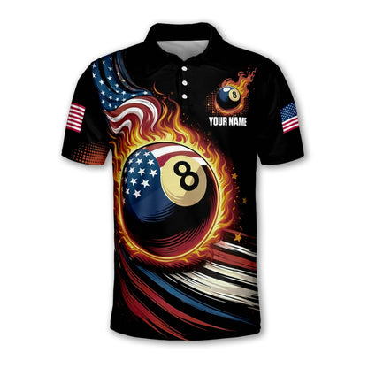 Custom American Flag 8 Ball Billiard Men Polo Shirts, Custom Patriotic Billiard Team Shirts BIZ0191