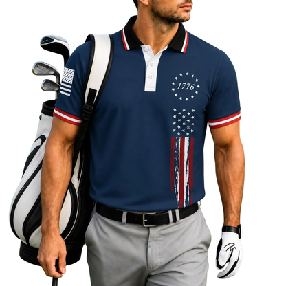 Navy American Flag 1776 Mens Golf Polo Shirt, 4th Of July Golf Shirts GE0542