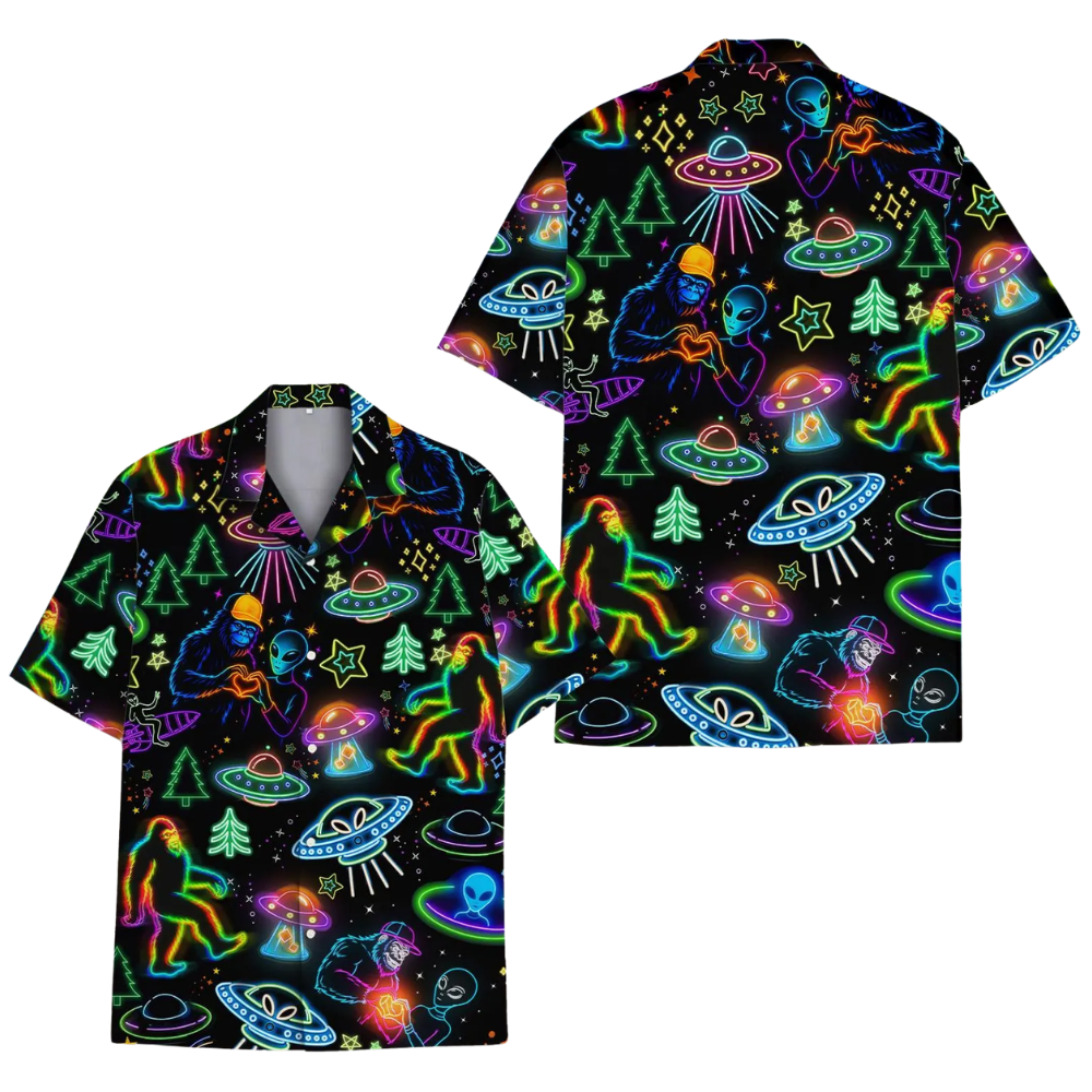 Neon Bigfoot Alien Hawaiian Shirt For Men Women, Bigfoot Space Hawaiian Shirts HE0299