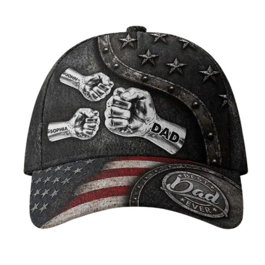 Best Dad Ever Custom Fist Bump With Kid Names Baseball Cap For Dad, Custom Father Day Gift Cap 3D Print CP0491
