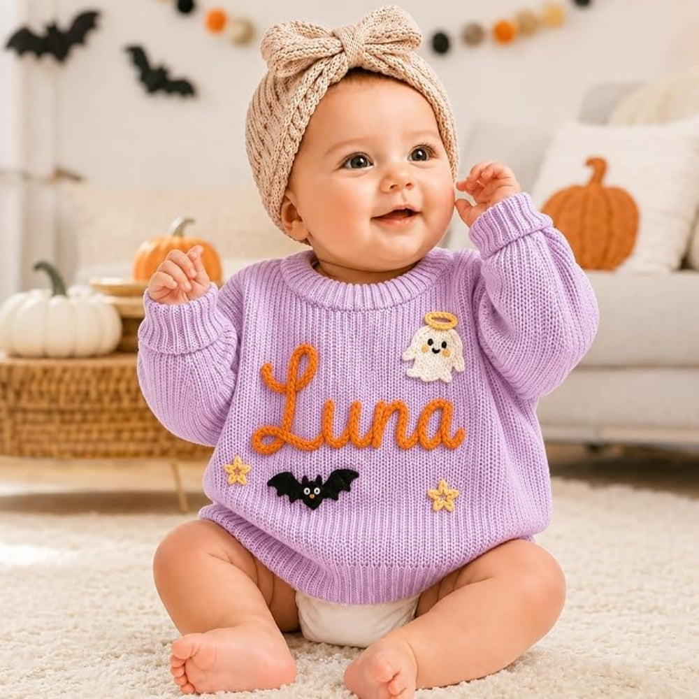Personalized Halloween Baby Embroidered Knit Sweaterm, Custom Baby Halloween Sweatshirt BB0782