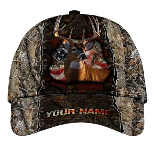 US Flag Camo Custom Name Deer Hunting Baseball Cap, Custom Deer Lovers Cap Hats CP0235