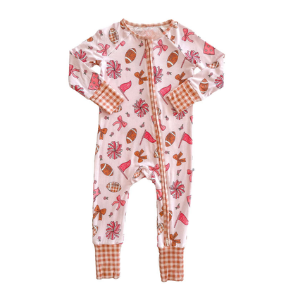 Football Pink Baby Convertible Romper Zipper, Football Convertible Romper For Baby Girl BB0728