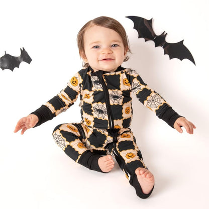 Pumpkin And Spider Black Baby Romper Convertible Zipper, Halloween Convertible Romper For Baby BB0345