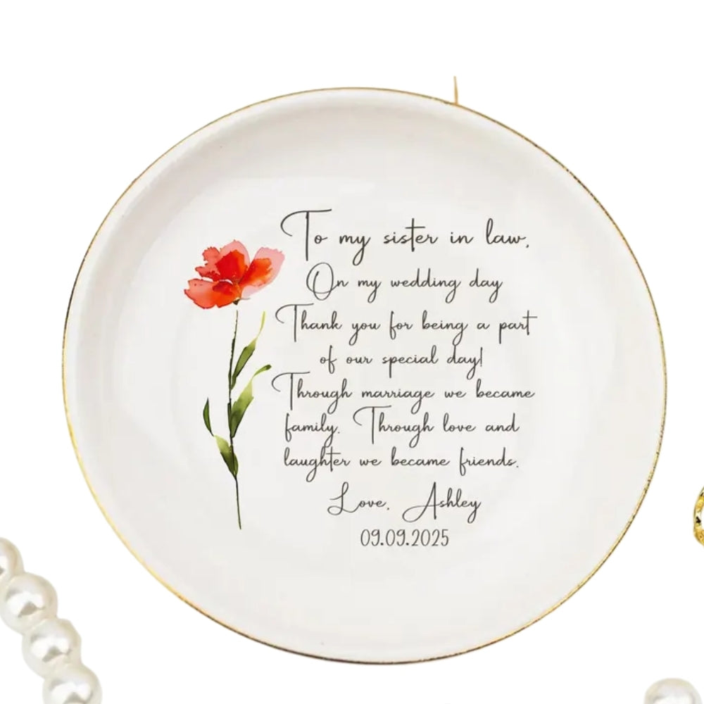 To My Sister In Law Personalized Floral Ring Dish, Personalized Wedding Jewelry Dish For Sister of The Groom WD0160