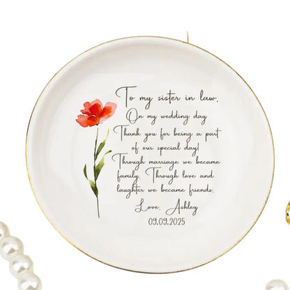 To My Sister In Law Personalized Floral Ring Dish, Personalized Wedding Jewelry Dish For Sister of The Groom WD0160