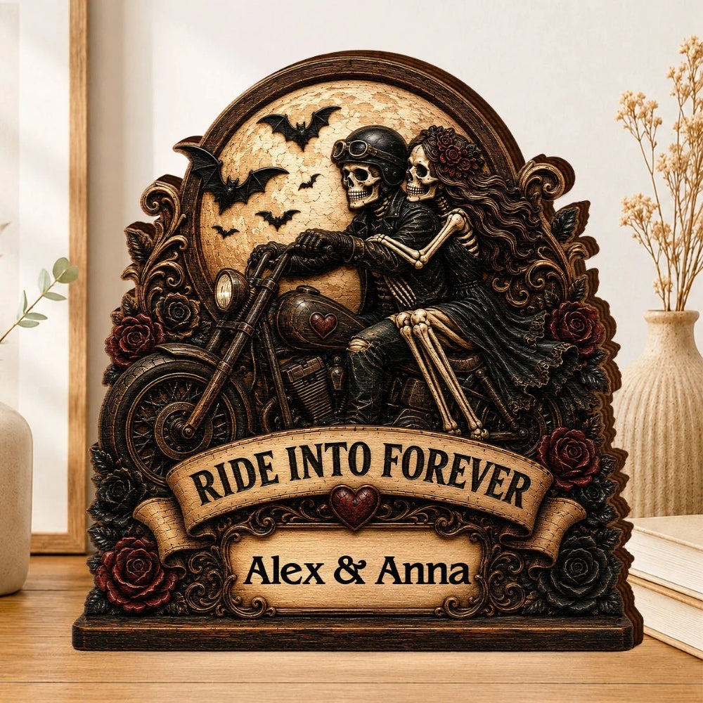 Ride Into Forever Custom Skeleton Motorcycle Couple Wooden Plaque, Custom Skull Couple Wooden Block WD0811