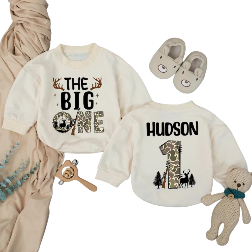 Personalized The Big One Birthday Hunting Baby Romper Sweater, Custom Baby's Hunting First Birthday Romper Sweatshirt BB0288