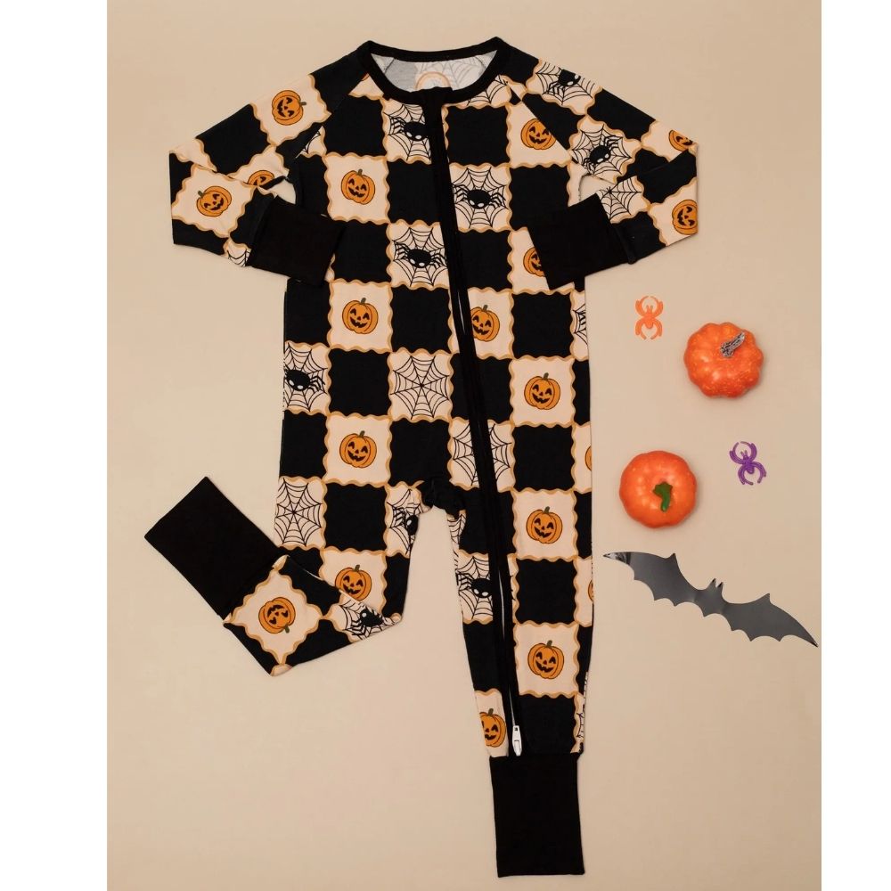 Pumpkin And Spider Black Baby Romper Convertible Zipper, Halloween Convertible Romper For Baby BB0345