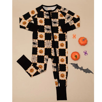 Pumpkin And Spider Black Baby Romper Convertible Zipper, Halloween Convertible Romper For Baby BB0345
