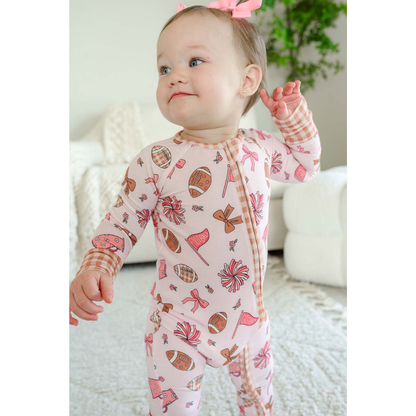Football Pink Baby Convertible Romper Zipper, Football Convertible Romper For Baby Girl BB0728