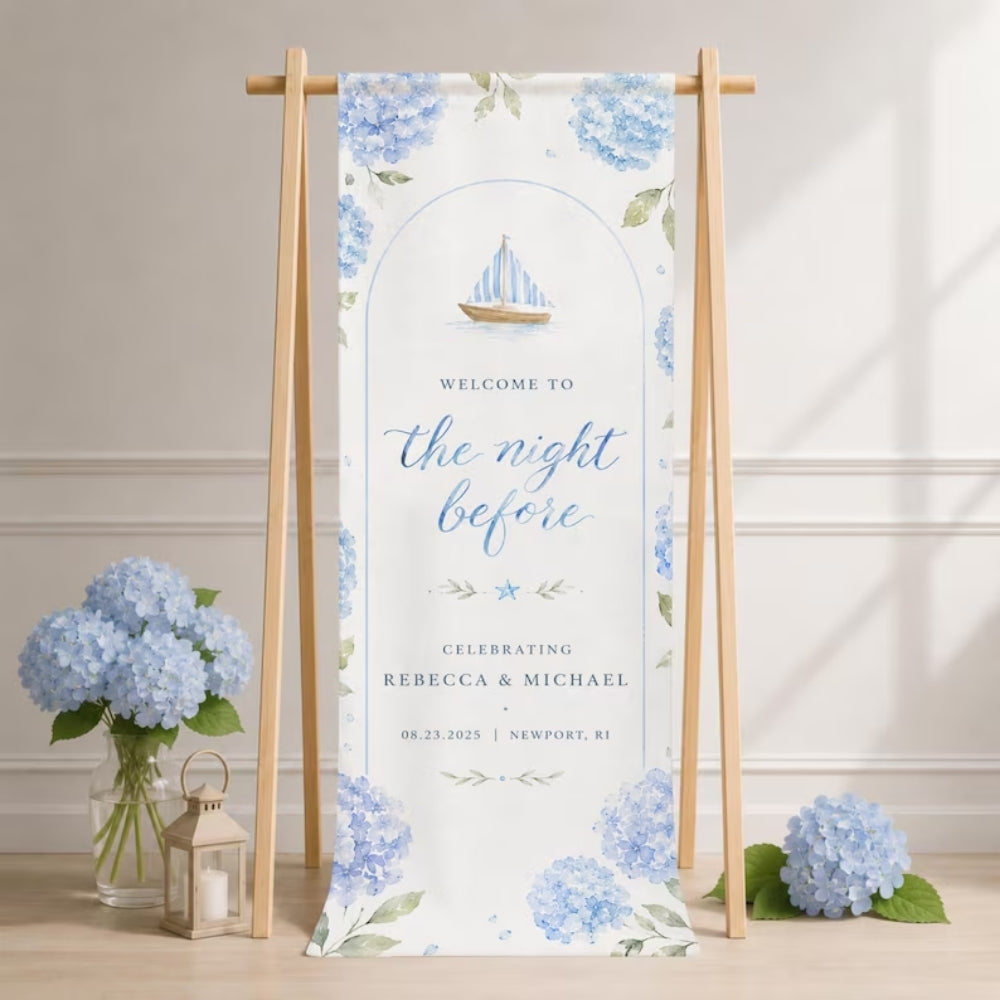 The Night Before Custom Coastal Engagement Party Welcome Banner, Custom Engaged Linen Welcome Sign WD0964