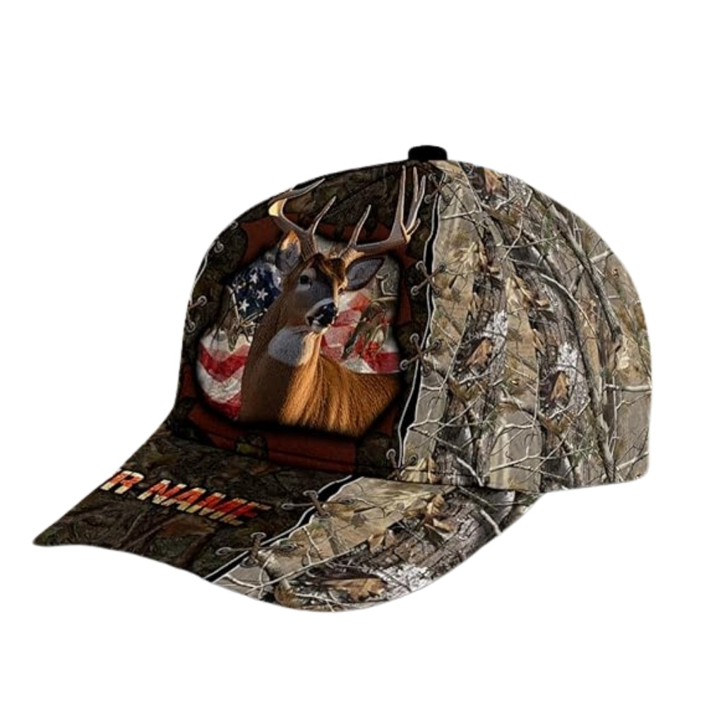 US Flag Camo Custom Name Deer Hunting Baseball Cap, Custom Deer Lovers Cap Hats CP0235