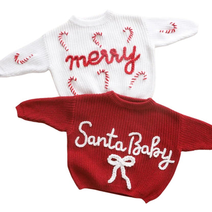 Merry Santa Baby Embroidered Knit Baby Sweater, First Christmas Baby Sweatshirt BB0783