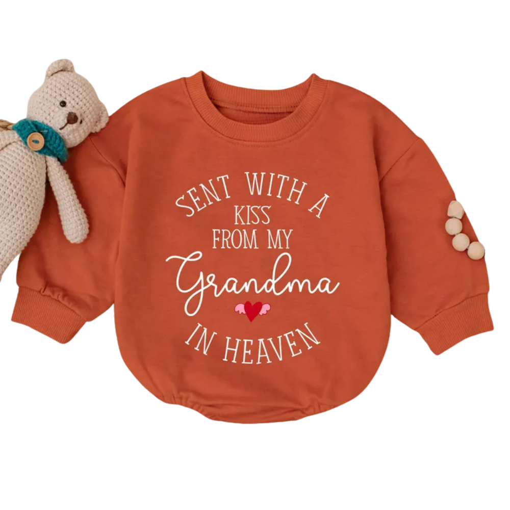 Sent With A Kiss From My Grandma In Heaven Baby Romper Sweatshirt, Memorial Grandma Baby Romper Sweater BB0560