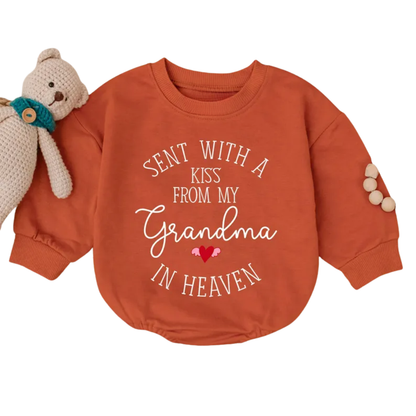 Sent With A Kiss From My Grandma In Heaven Baby Romper Sweatshirt, Memorial Grandma Baby Romper Sweater BB0560