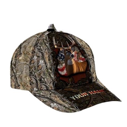 US Flag Camo Custom Name Deer Hunting Baseball Cap, Custom Deer Lovers Cap Hats CP0235