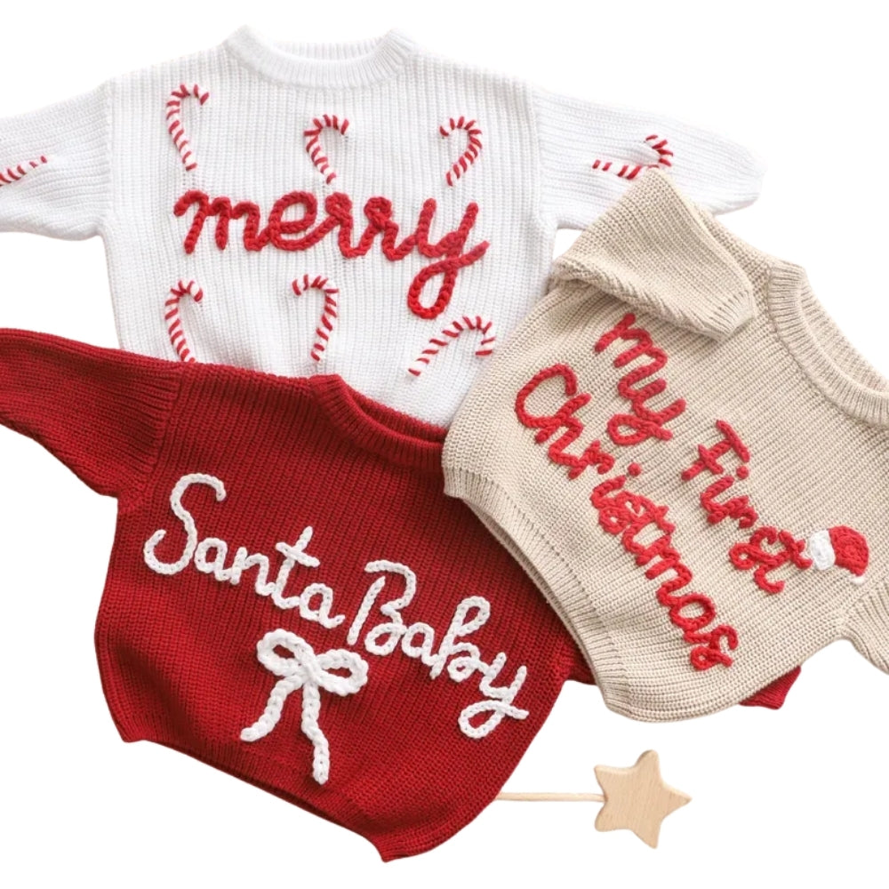 Merry Santa Baby Embroidered Knit Baby Sweater, First Christmas Baby Sweatshirt BB0783